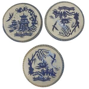 set 3 Miller Studio 1964 Asian Chinese Art Chalkware Wall Plaques Blue & White
